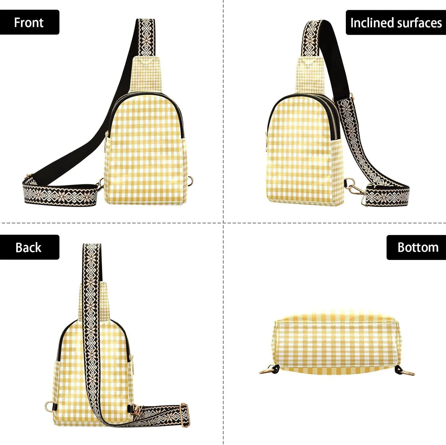 Small Sling Bag for Women Crossbody Yellow Plaid Trendy Crossbody Bag Fanny Pack with Guitar Strap Leather Chest Bag for Women Fanny Pack Travel Outdoor Outfit