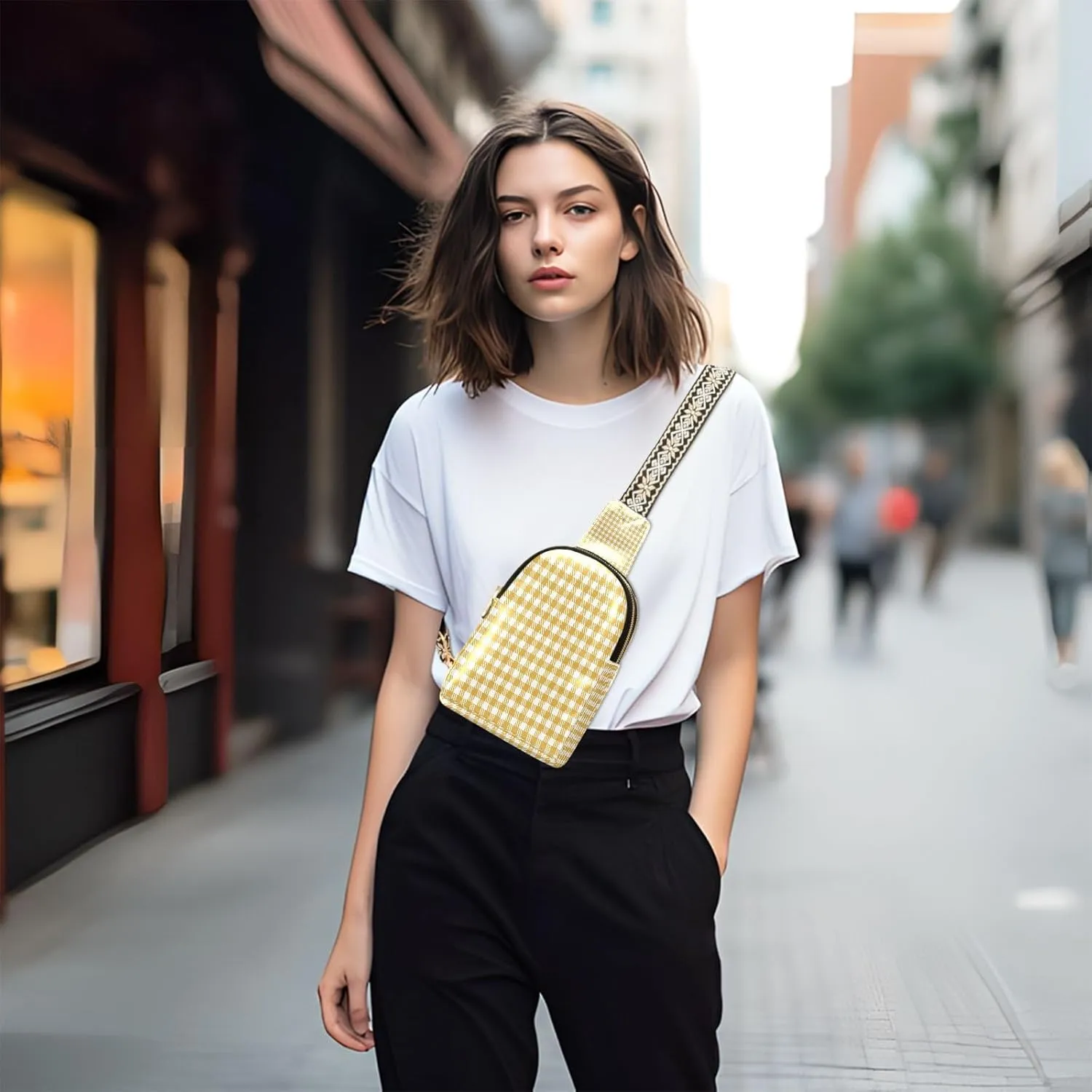 Small Sling Bag for Women Crossbody Yellow Plaid Trendy Crossbody Bag Fanny Pack with Guitar Strap Leather Chest Bag for Women Fanny Pack Travel Outdoor Outfit