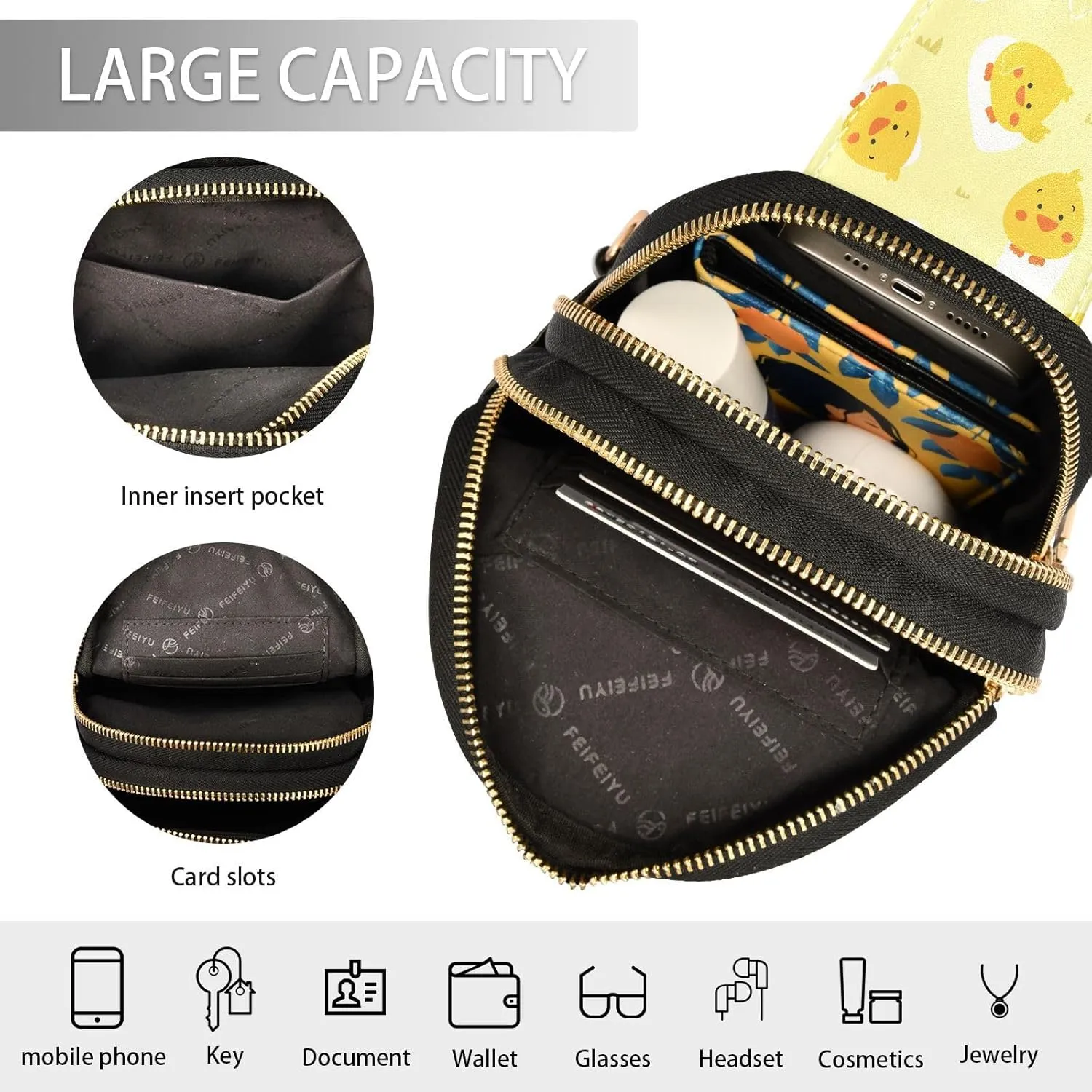 Small Sling Bag for Women Cute Chicken Duck Pattern Trendy Crossbody Bag Fanny Pack with Guitar Strap Yellow Cartoon Leather Chest Bag for Women Outdoor Travel Outfit