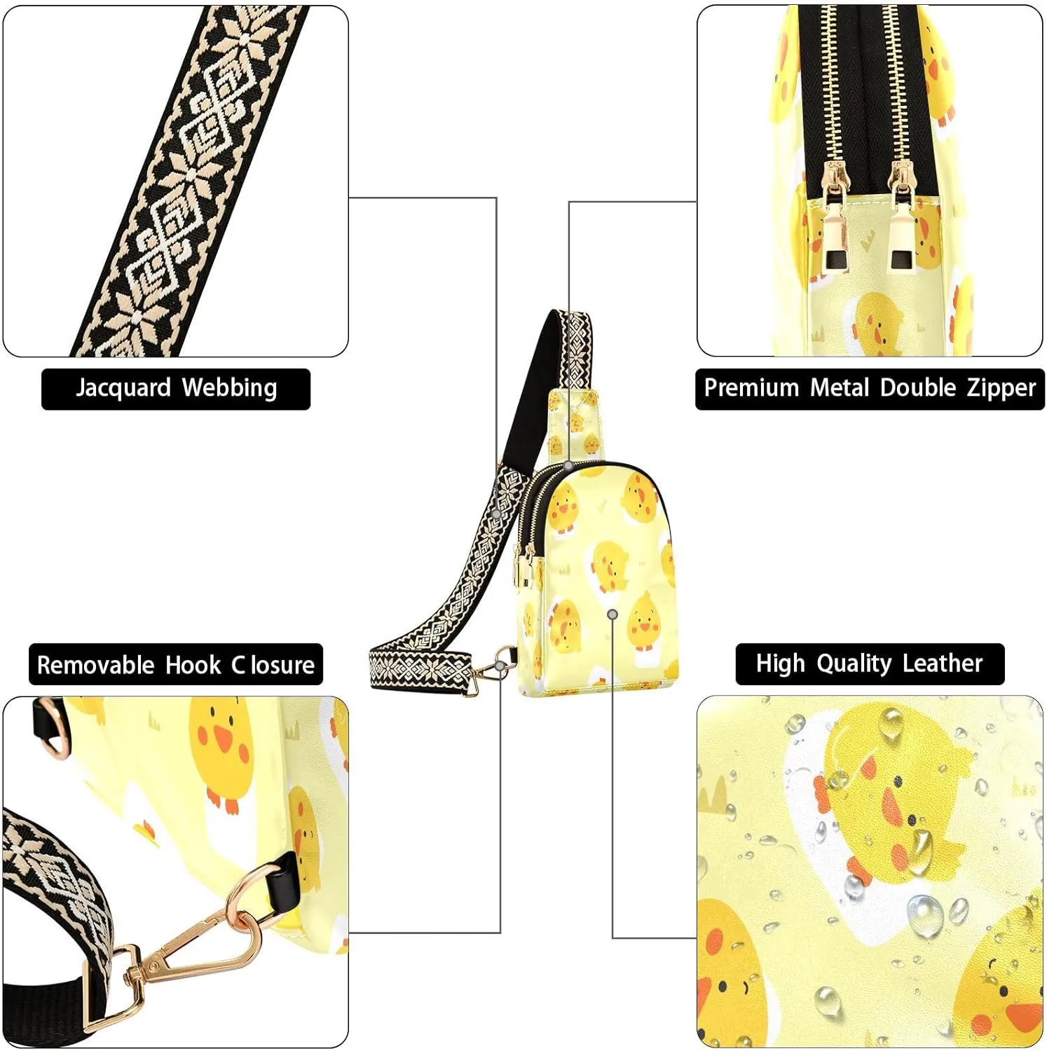 Small Sling Bag for Women Cute Chicken Duck Pattern Trendy Crossbody Bag Fanny Pack with Guitar Strap Yellow Cartoon Leather Chest Bag for Women Outdoor Travel Outfit