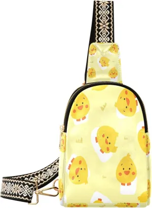 Small Sling Bag for Women Cute Chicken Duck Pattern Trendy Crossbody Bag Fanny Pack with Guitar Strap Yellow Cartoon Leather Chest Bag for Women Outdoor Travel Outfit
