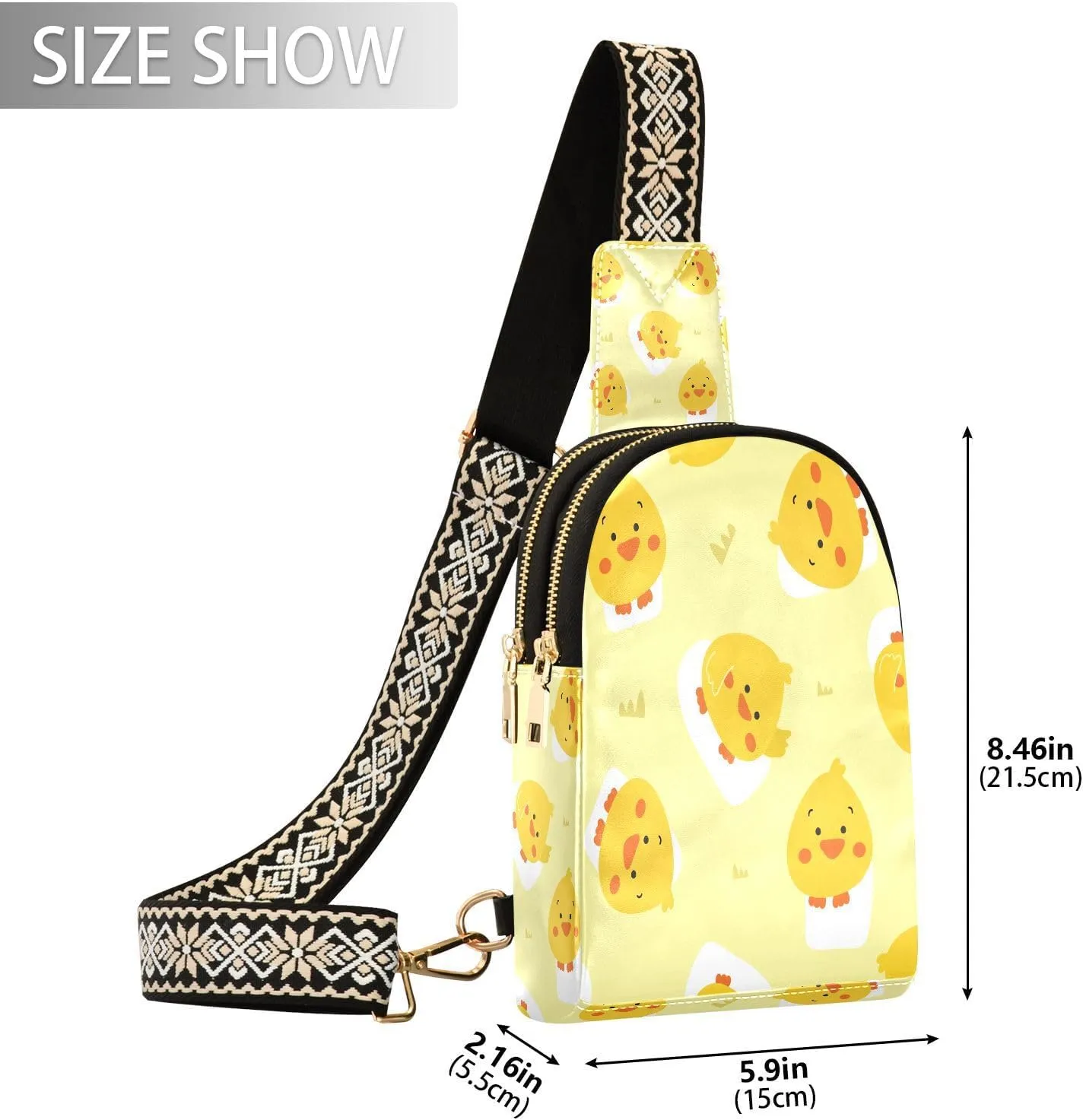 Small Sling Bag for Women Cute Chicken Duck Pattern Trendy Crossbody Bag Fanny Pack with Guitar Strap Yellow Cartoon Leather Chest Bag for Women Outdoor Travel Outfit