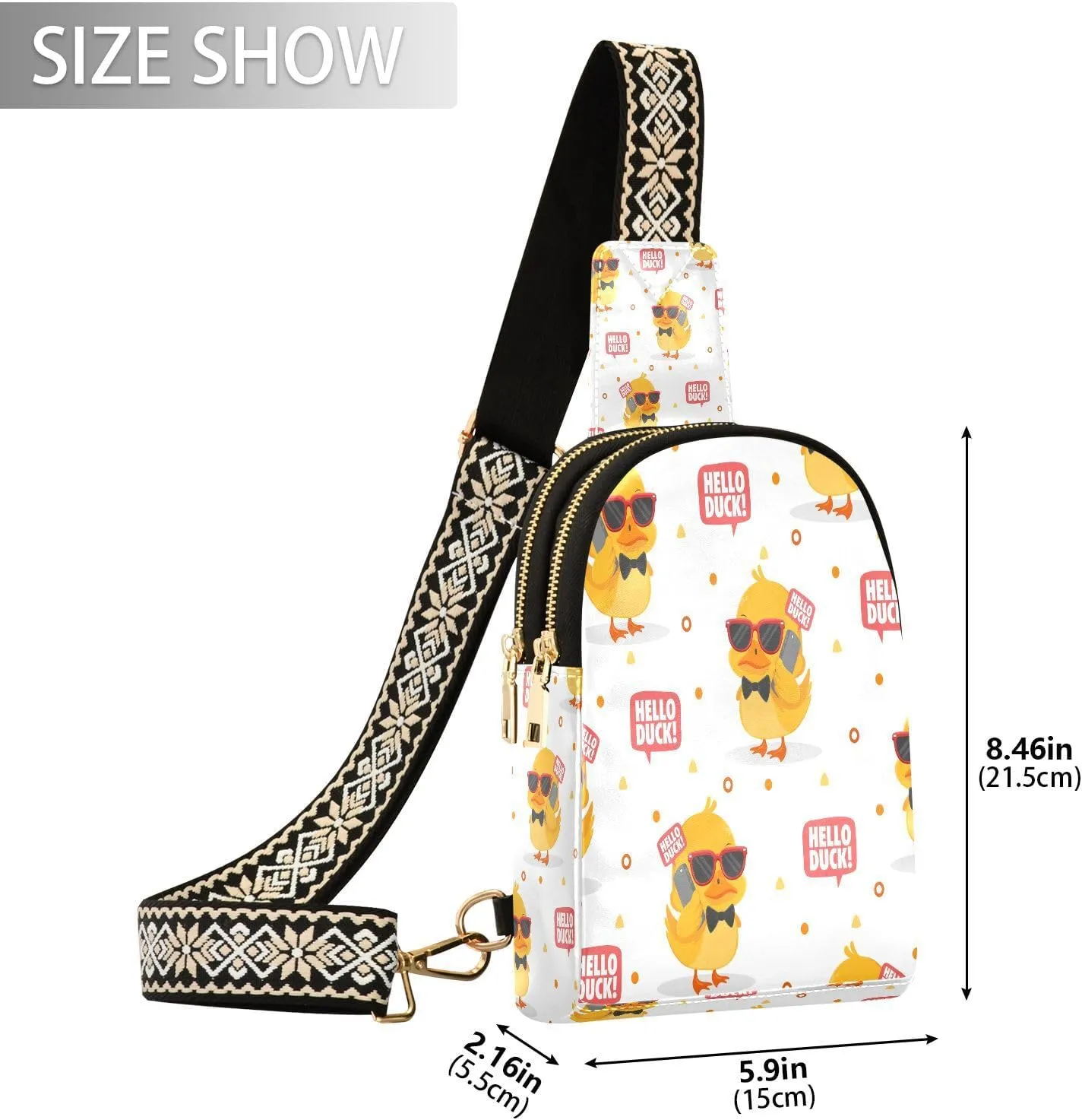 Small Sling Bag for Women Cute Duck with Glasses Trendy Crossbody Bag Fanny Pack with Guitar Strap Hello Duck Leather Chest Bag for Women Outdoor Travel Outfit