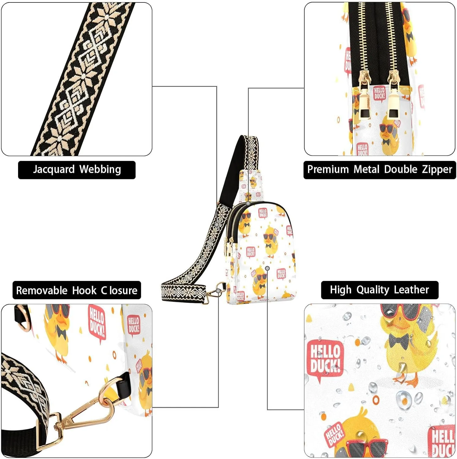 Small Sling Bag for Women Cute Duck with Glasses Trendy Crossbody Bag Fanny Pack with Guitar Strap Hello Duck Leather Chest Bag for Women Outdoor Travel Outfit