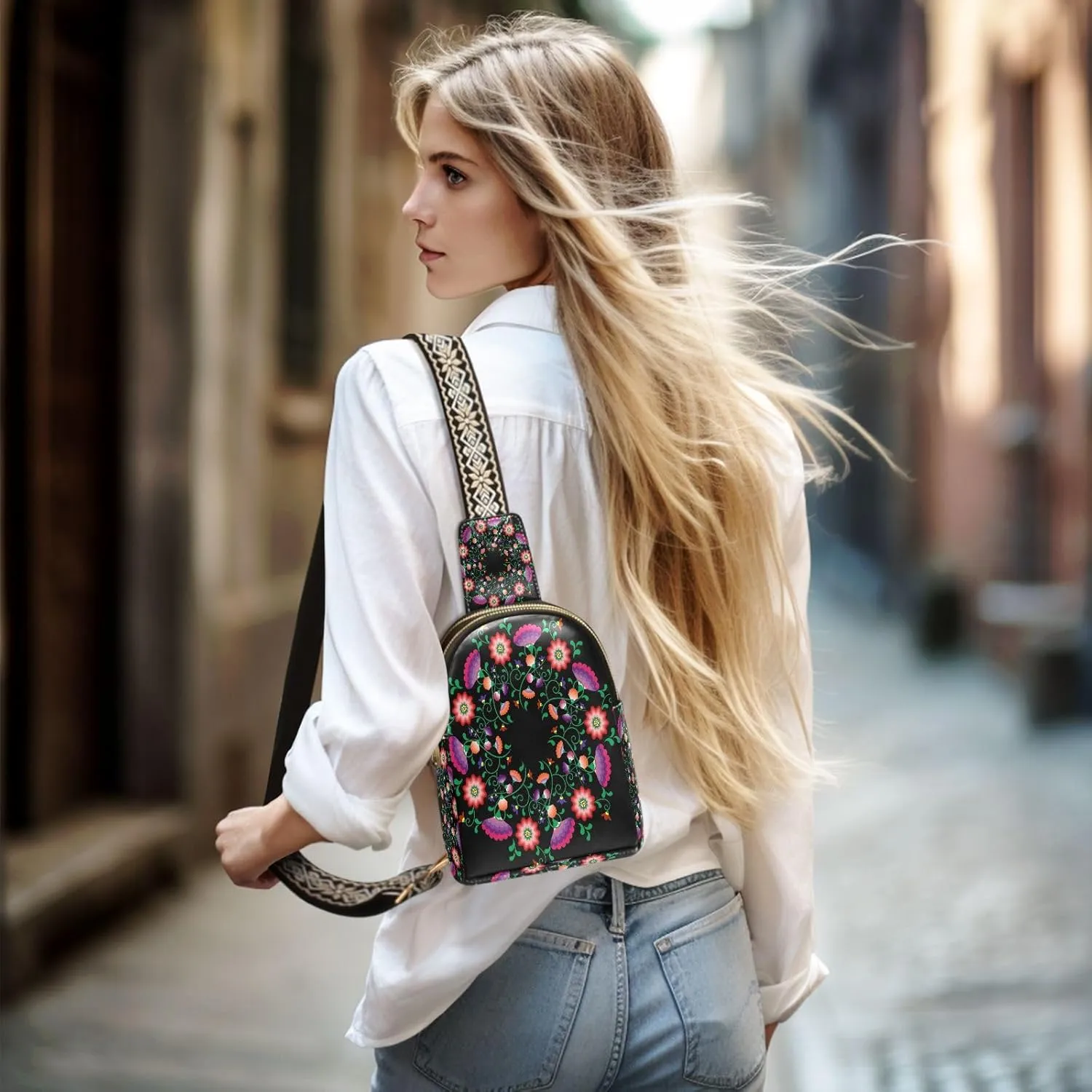 Small Sling Bag for Women Embroidery Mandala Flowers Fashion Leather Crossbody Bag for Women Polish Mexican Folk Trendy Crossbody Purse Fanny Pack with Adjustable Guitar Strap Waist Fanny Pack
