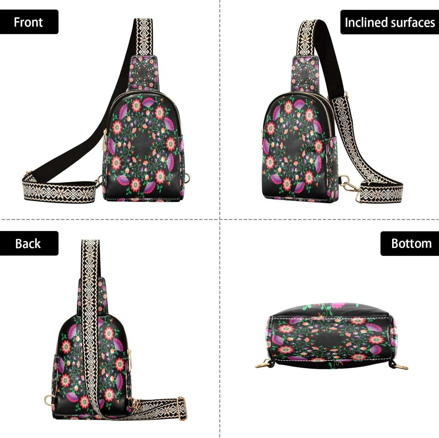Small Sling Bag for Women Embroidery Mandala Flowers Fashion Leather Crossbody Bag for Women Polish Mexican Folk Trendy Crossbody Purse Fanny Pack with Adjustable Guitar Strap Waist Fanny Pack