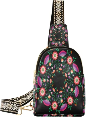 Small Sling Bag for Women Embroidery Mandala Flowers Fashion Leather Crossbody Bag for Women Polish Mexican Folk Trendy Crossbody Purse Fanny Pack with Adjustable Guitar Strap Waist Fanny Pack