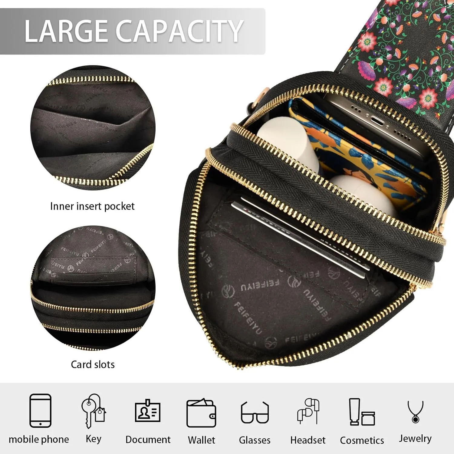 Small Sling Bag for Women Embroidery Mandala Flowers Fashion Leather Crossbody Bag for Women Polish Mexican Folk Trendy Crossbody Purse Fanny Pack with Adjustable Guitar Strap Waist Fanny Pack