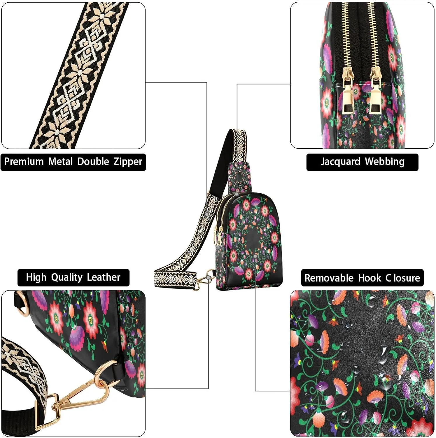 Small Sling Bag for Women Embroidery Mandala Flowers Fashion Leather Crossbody Bag for Women Polish Mexican Folk Trendy Crossbody Purse Fanny Pack with Adjustable Guitar Strap Waist Fanny Pack