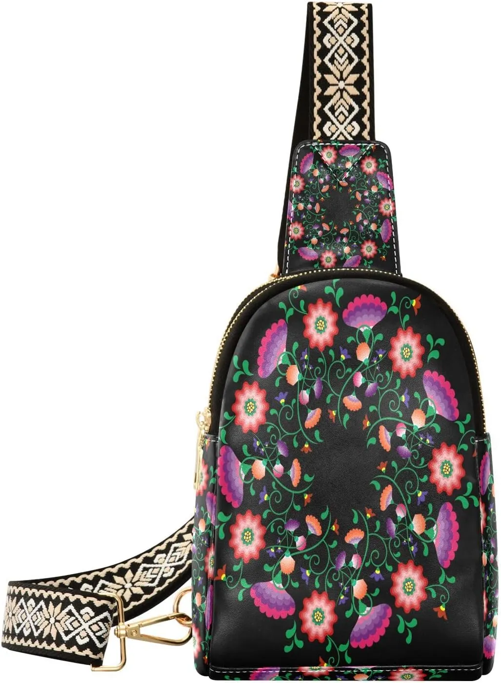 Small Sling Bag for Women Embroidery Mandala Flowers Fashion Leather Crossbody Bag for Women Polish Mexican Folk Trendy Crossbody Purse Fanny Pack with Adjustable Guitar Strap Waist Fanny Pack