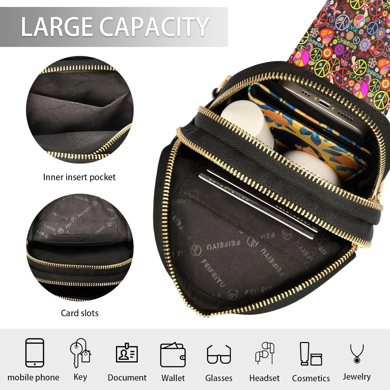Small Sling Bag for Women Funny Colorful Hippie Trendy Crossbody Bag Fanny Pack with Guitar Strap Leather Chest Bag for Women Outdoor Travel Outfit