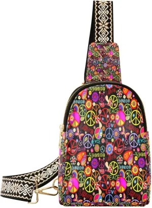 Small Sling Bag for Women Funny Colorful Hippie Trendy Crossbody Bag Fanny Pack with Guitar Strap Leather Chest Bag for Women Outdoor Travel Outfit