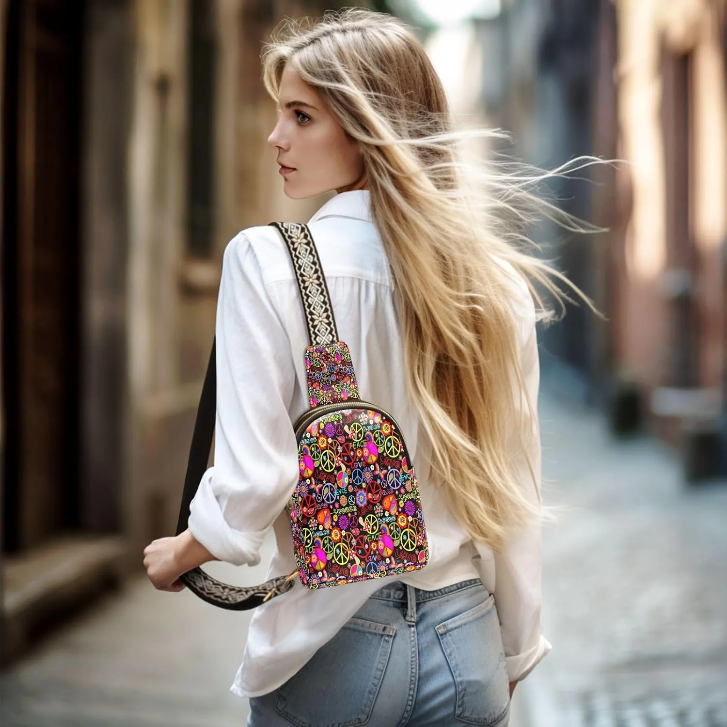 Small Sling Bag for Women Funny Colorful Hippie Trendy Crossbody Bag Fanny Pack with Guitar Strap Leather Chest Bag for Women Outdoor Travel Outfit