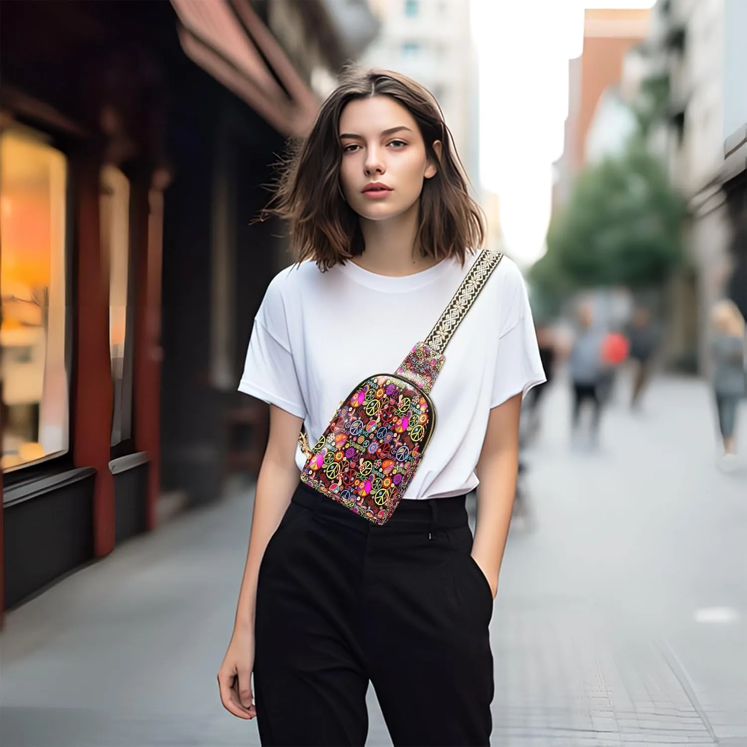 Small Sling Bag for Women Funny Colorful Hippie Trendy Crossbody Bag Fanny Pack with Guitar Strap Leather Chest Bag for Women Outdoor Travel Outfit