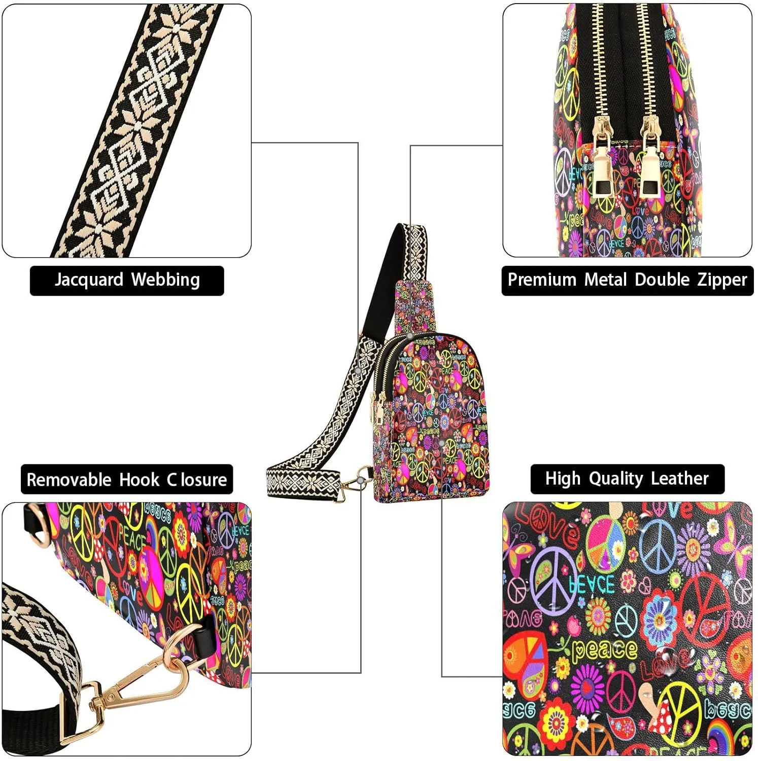 Small Sling Bag for Women Funny Colorful Hippie Trendy Crossbody Bag Fanny Pack with Guitar Strap Leather Chest Bag for Women Outdoor Travel Outfit