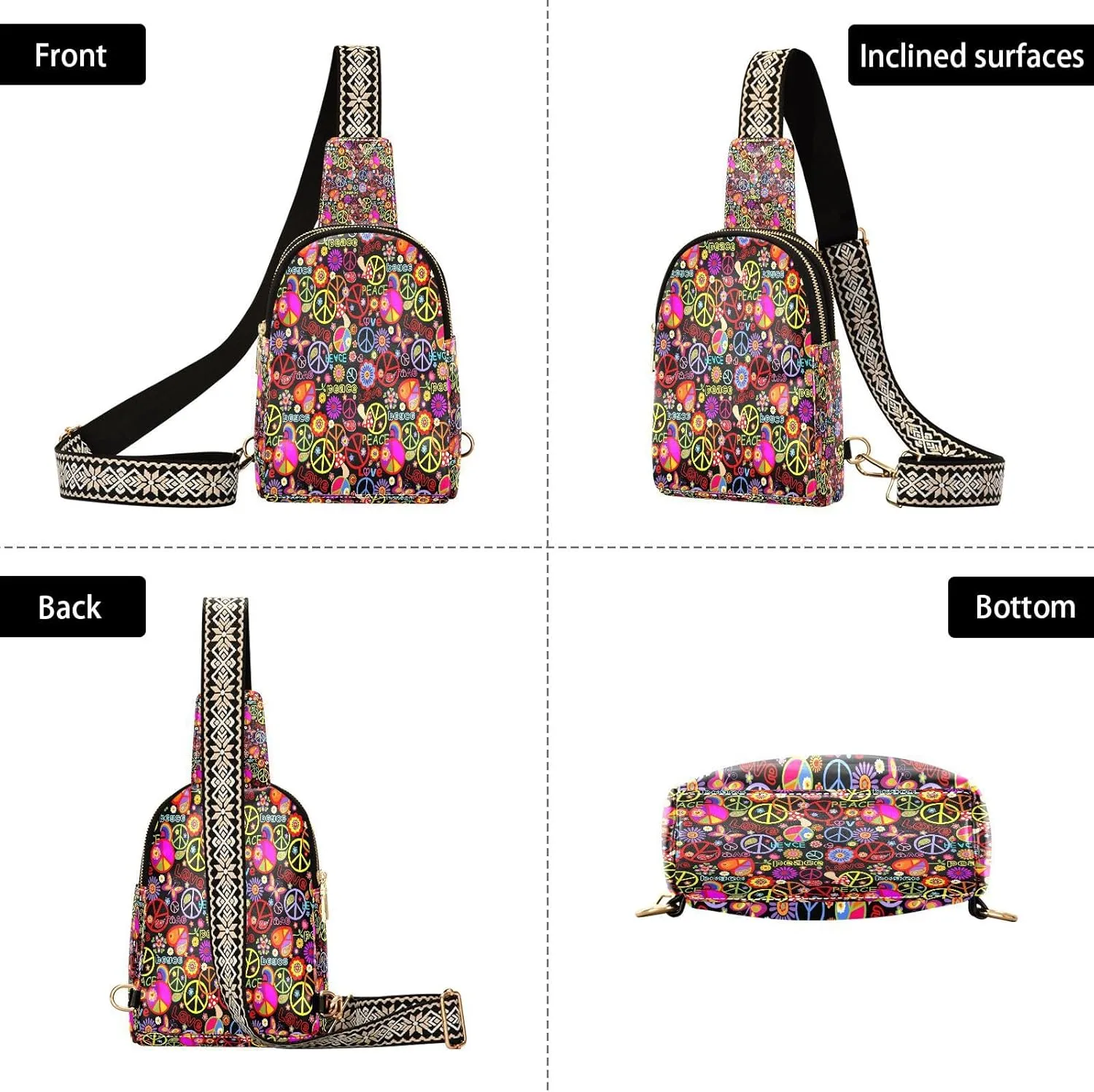 Small Sling Bag for Women Funny Colorful Hippie Trendy Crossbody Bag Fanny Pack with Guitar Strap Leather Chest Bag for Women Outdoor Travel Outfit