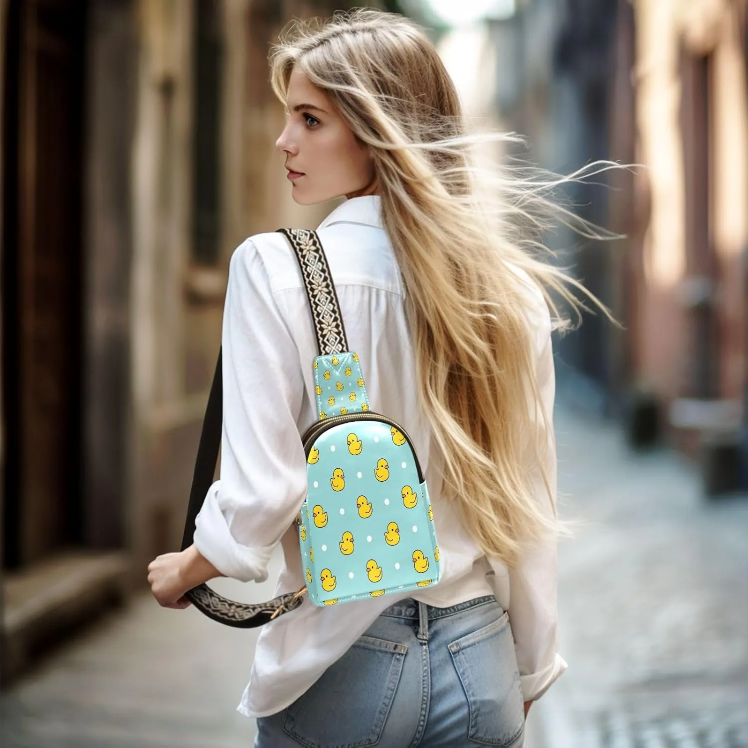 Small Sling Bag for Women Little Rubber Ducks Pattern Trendy Crossbody Bag Fanny Pack with Guitar Strap Polka Dots Leather Chest Bag for Women Outdoor Travel Outfit