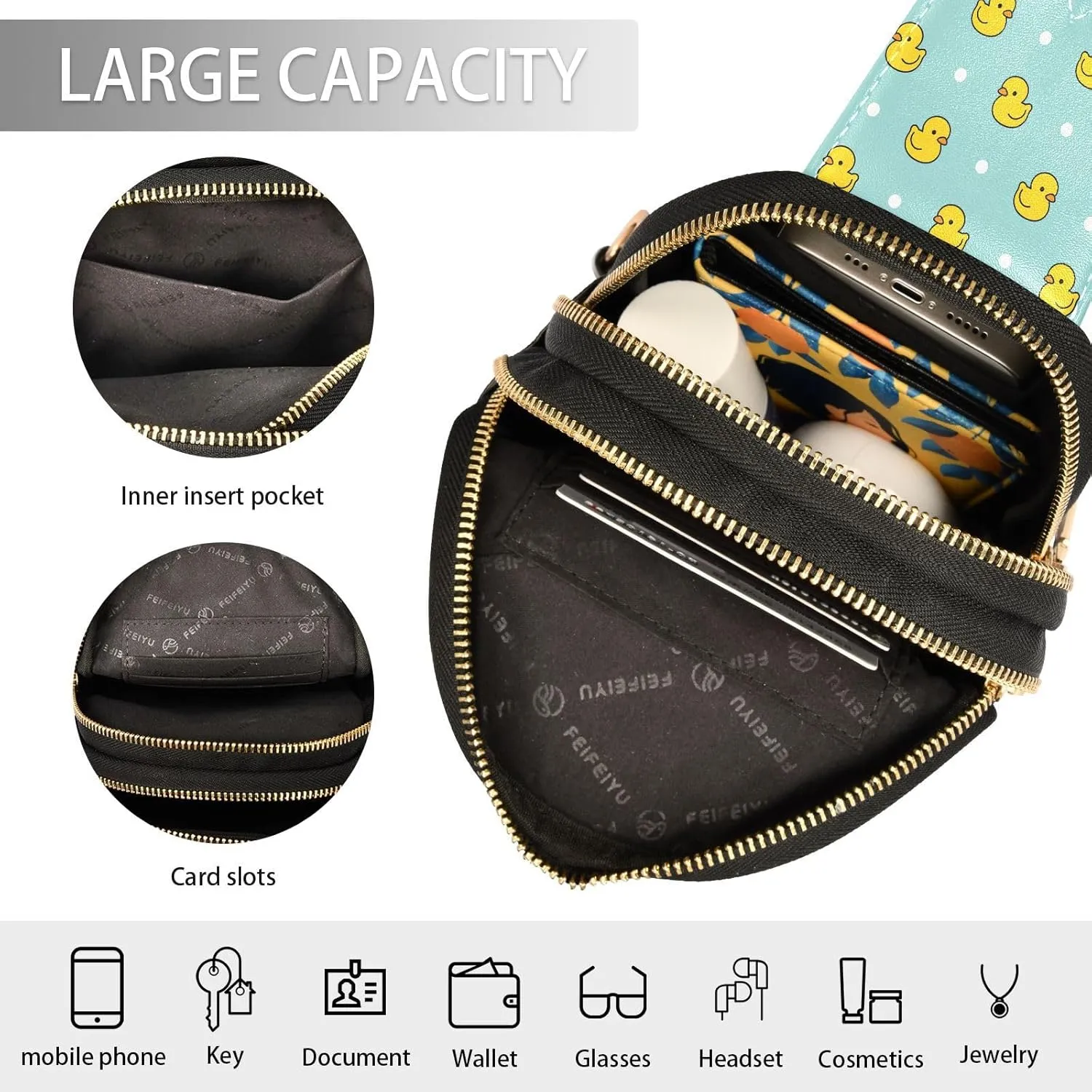 Small Sling Bag for Women Little Rubber Ducks Pattern Trendy Crossbody Bag Fanny Pack with Guitar Strap Polka Dots Leather Chest Bag for Women Outdoor Travel Outfit