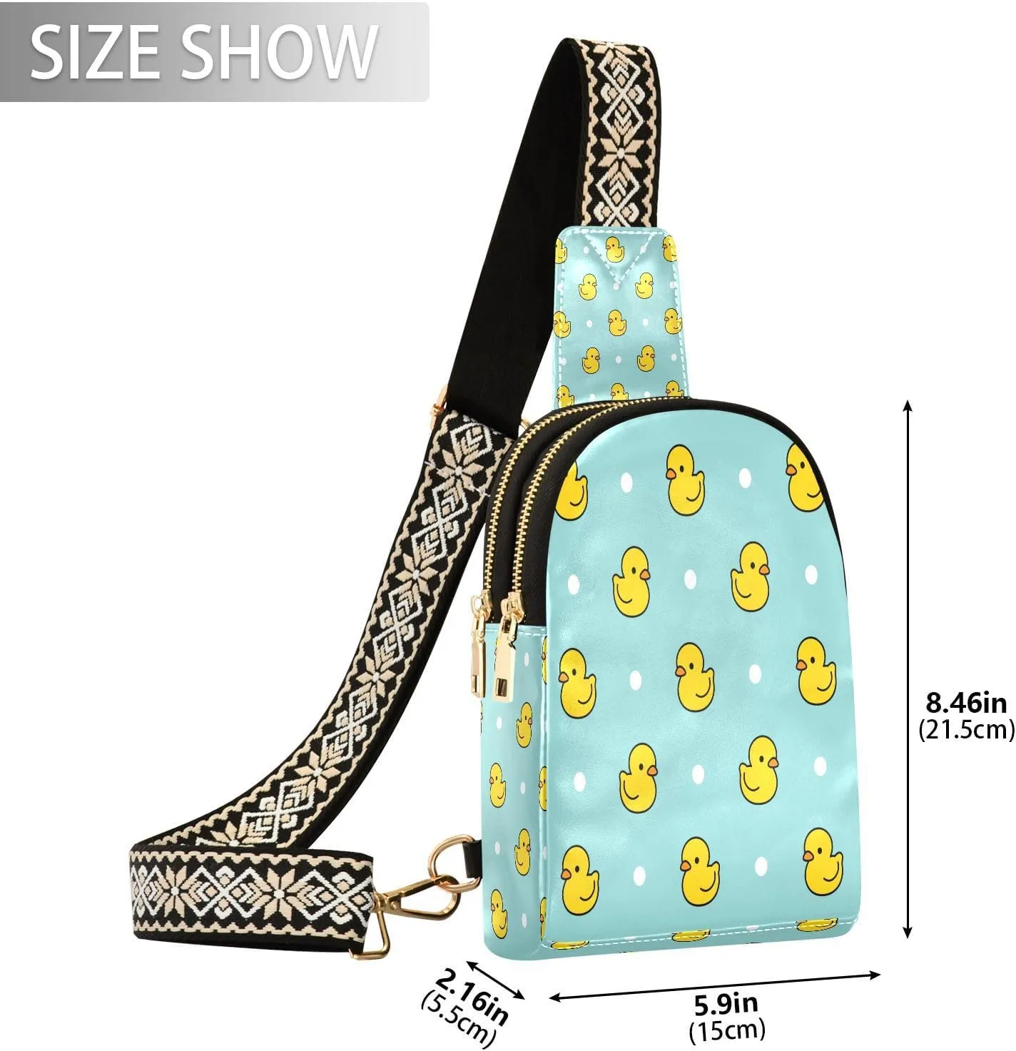Small Sling Bag for Women Little Rubber Ducks Pattern Trendy Crossbody Bag Fanny Pack with Guitar Strap Polka Dots Leather Chest Bag for Women Outdoor Travel Outfit