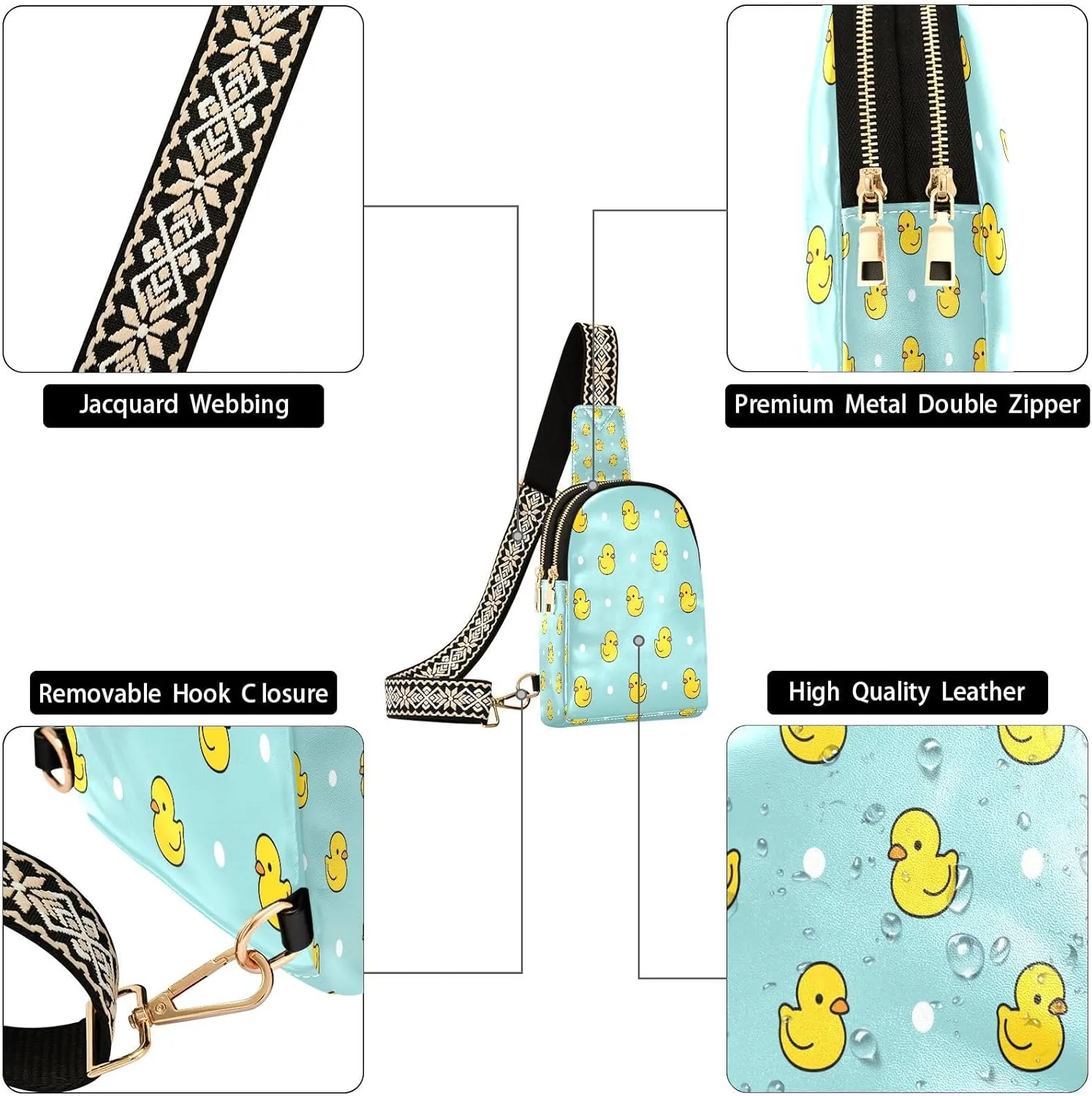 Small Sling Bag for Women Little Rubber Ducks Pattern Trendy Crossbody Bag Fanny Pack with Guitar Strap Polka Dots Leather Chest Bag for Women Outdoor Travel Outfit