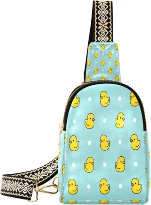 Small Sling Bag for Women Little Rubber Ducks Pattern Trendy Crossbody Bag Fanny Pack with Guitar Strap Polka Dots Leather Chest Bag for Women Outdoor Travel Outfit