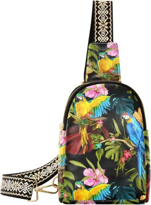 Small Sling Bag for Women Parrot Leaf Colorful Leather Fanny Pack Crossbody Bag Watercolor Chest Bag Trendy Fashion Waist Packs for Outdoor Travel Sports Hiking