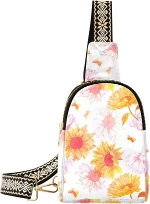 Small Sling Bag for Women Pink Elegant Sunflowers Trendy Crossbody Bag Fashion Waist Packs Vintage Flowers Spring Leather Chest Bag for Women Fanny Pack with Guitar Strap Travel Outdoor