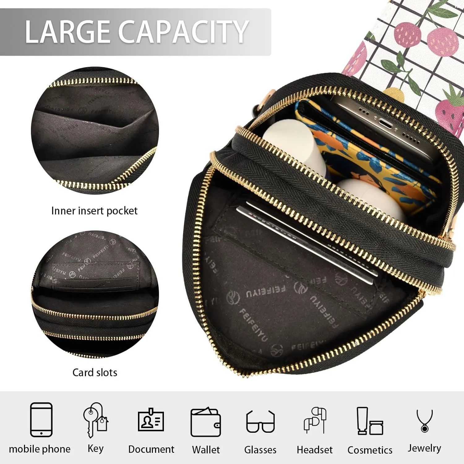 Small Sling Bag for Women Summer Fruits Leather Fanny Pack Crossbody Bag Pear Lychee Apple Strawberry Chest Bag Trendy Fashion Waist Packs for Outdoor Travel Sports Hiking