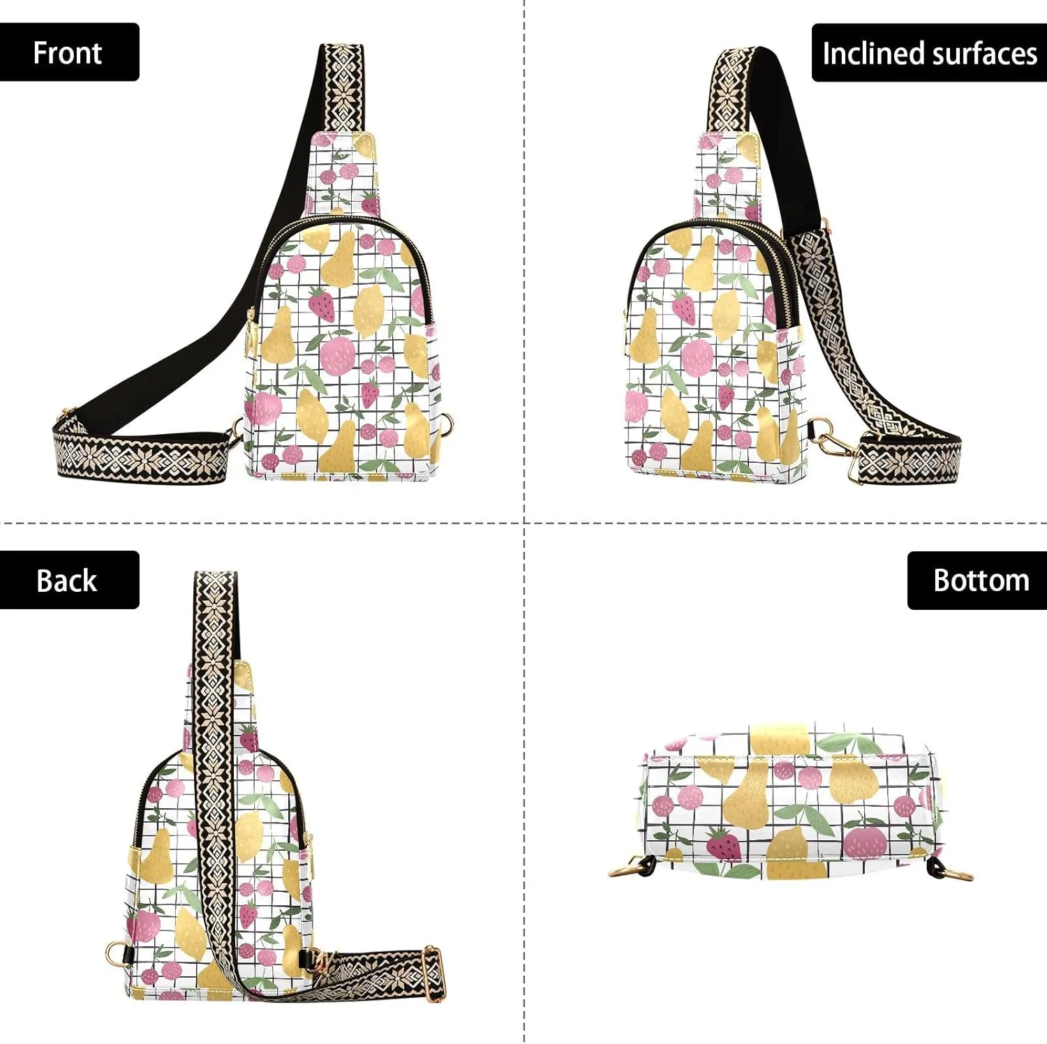 Small Sling Bag for Women Summer Fruits Leather Fanny Pack Crossbody Bag Pear Lychee Apple Strawberry Chest Bag Trendy Fashion Waist Packs for Outdoor Travel Sports Hiking
