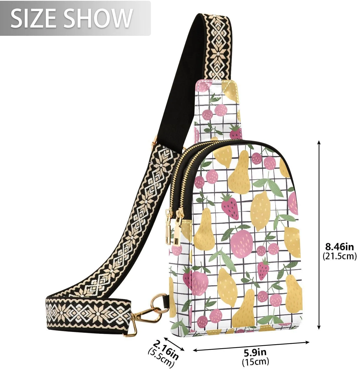 Small Sling Bag for Women Summer Fruits Leather Fanny Pack Crossbody Bag Pear Lychee Apple Strawberry Chest Bag Trendy Fashion Waist Packs for Outdoor Travel Sports Hiking