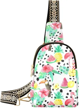 Small Sling Bag for Women Tropical Fruit Flamingo Leather Fanny Pack Crossbody Bag Palm Leaves Pineapple Chest Bag Trendy Fashion Waist Packs for Outdoor Travel Sports Hiking