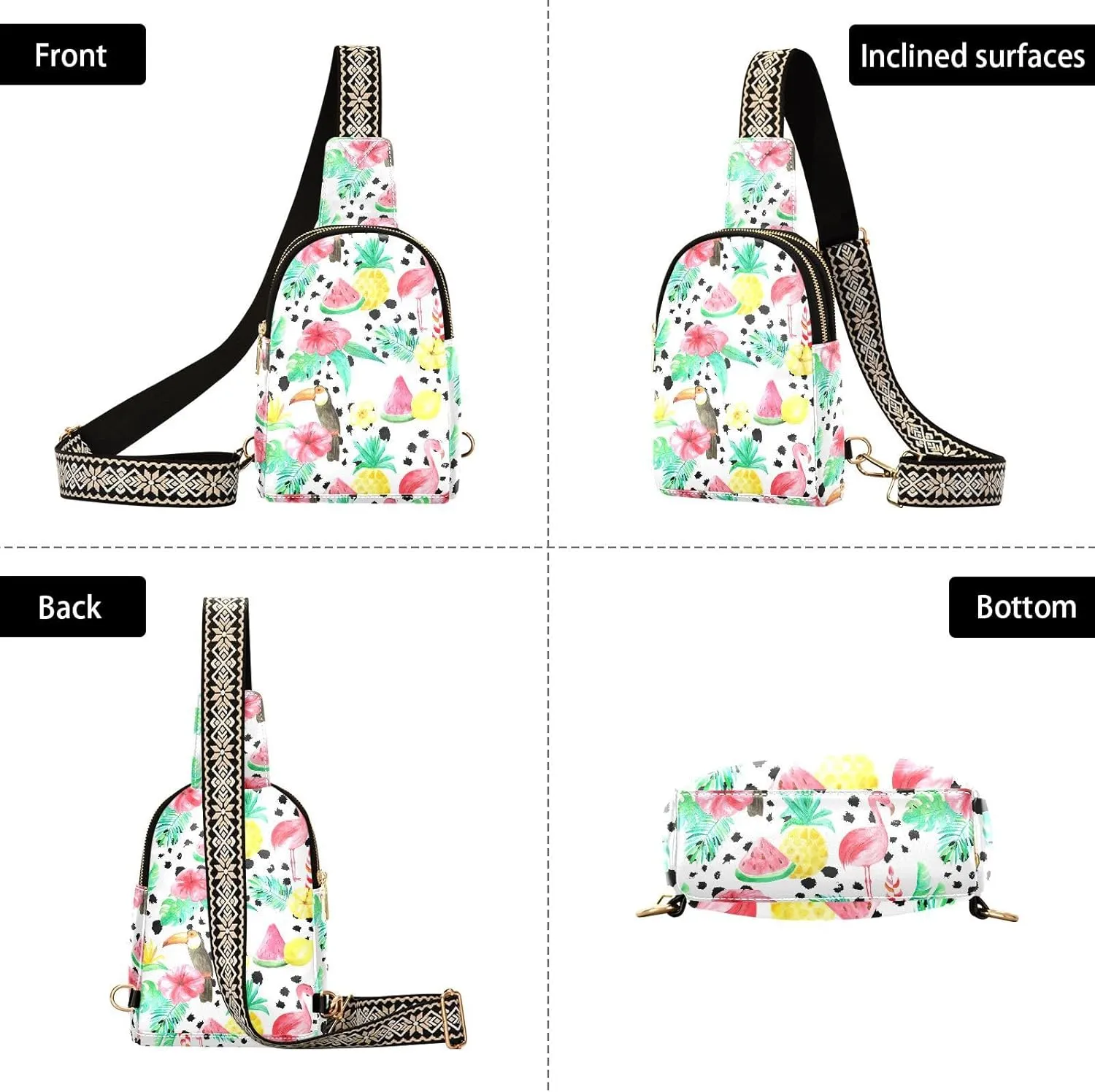 Small Sling Bag for Women Tropical Fruit Flamingo Leather Fanny Pack Crossbody Bag Palm Leaves Pineapple Chest Bag Trendy Fashion Waist Packs for Outdoor Travel Sports Hiking