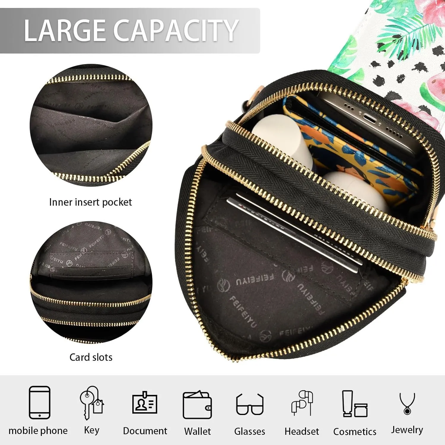 Small Sling Bag for Women Tropical Fruit Flamingo Leather Fanny Pack Crossbody Bag Palm Leaves Pineapple Chest Bag Trendy Fashion Waist Packs for Outdoor Travel Sports Hiking