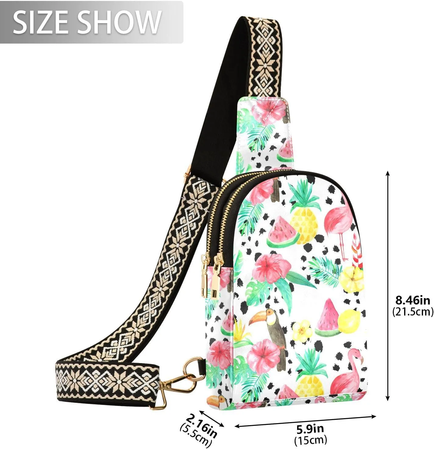 Small Sling Bag for Women Tropical Fruit Flamingo Leather Fanny Pack Crossbody Bag Palm Leaves Pineapple Chest Bag Trendy Fashion Waist Packs for Outdoor Travel Sports Hiking