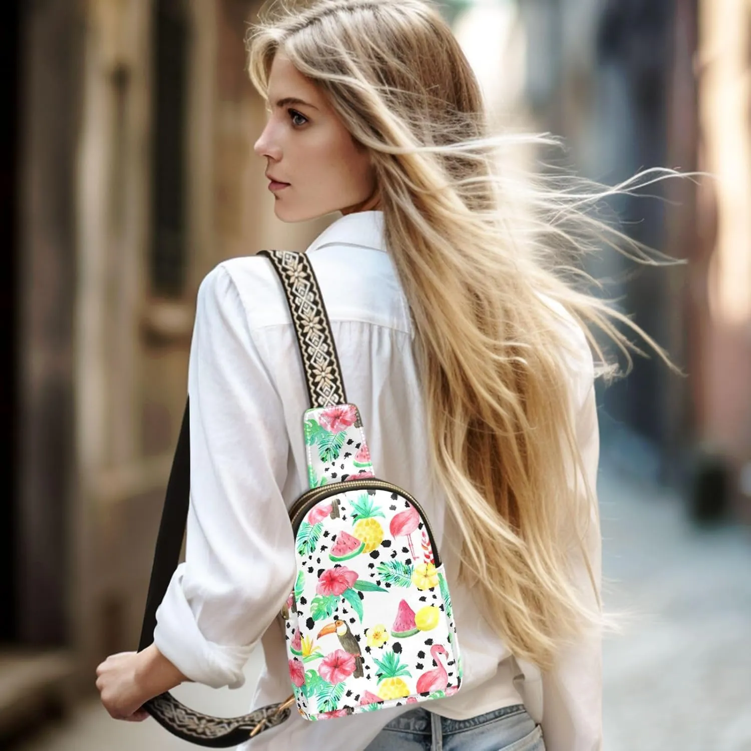Small Sling Bag for Women Tropical Fruit Flamingo Leather Fanny Pack Crossbody Bag Palm Leaves Pineapple Chest Bag Trendy Fashion Waist Packs for Outdoor Travel Sports Hiking