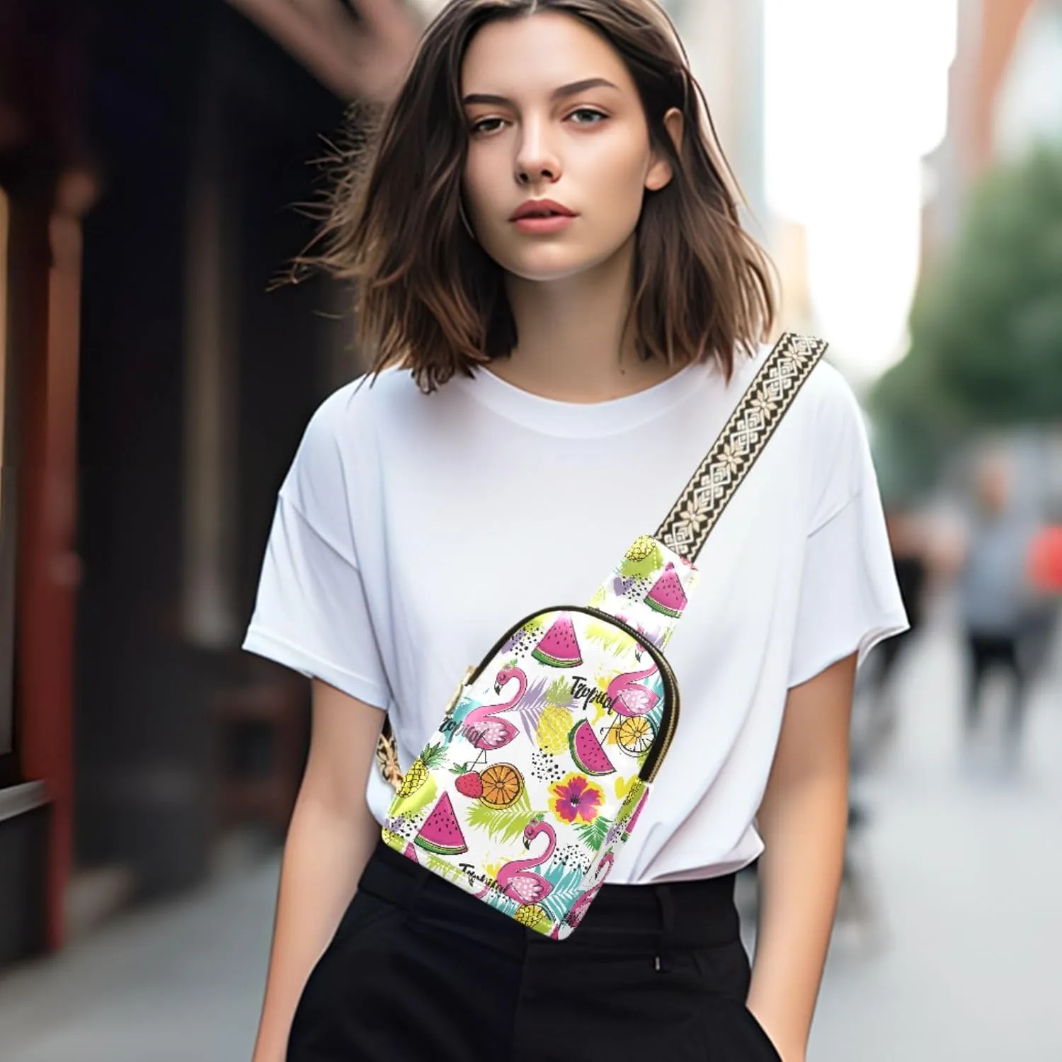 Small Sling Bag for Women Tropics Flamingo Fruits Leather Fanny Pack Crossbody Bag Summer Flower Leaves Chest Bag Trendy Fashion Waist Packs for Outdoor Travel Sports Hiking
