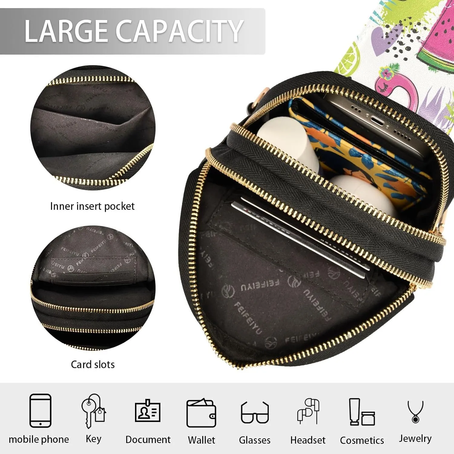 Small Sling Bag for Women Tropics Flamingo Fruits Leather Fanny Pack Crossbody Bag Summer Flower Leaves Chest Bag Trendy Fashion Waist Packs for Outdoor Travel Sports Hiking