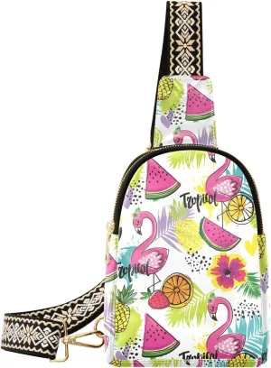 Small Sling Bag for Women Tropics Flamingo Fruits Leather Fanny Pack Crossbody Bag Summer Flower Leaves Chest Bag Trendy Fashion Waist Packs for Outdoor Travel Sports Hiking