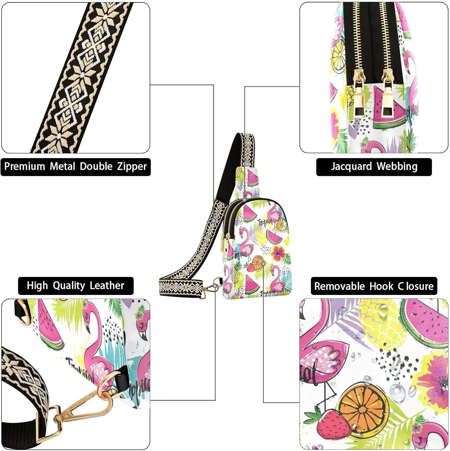 Small Sling Bag for Women Tropics Flamingo Fruits Leather Fanny Pack Crossbody Bag Summer Flower Leaves Chest Bag Trendy Fashion Waist Packs for Outdoor Travel Sports Hiking