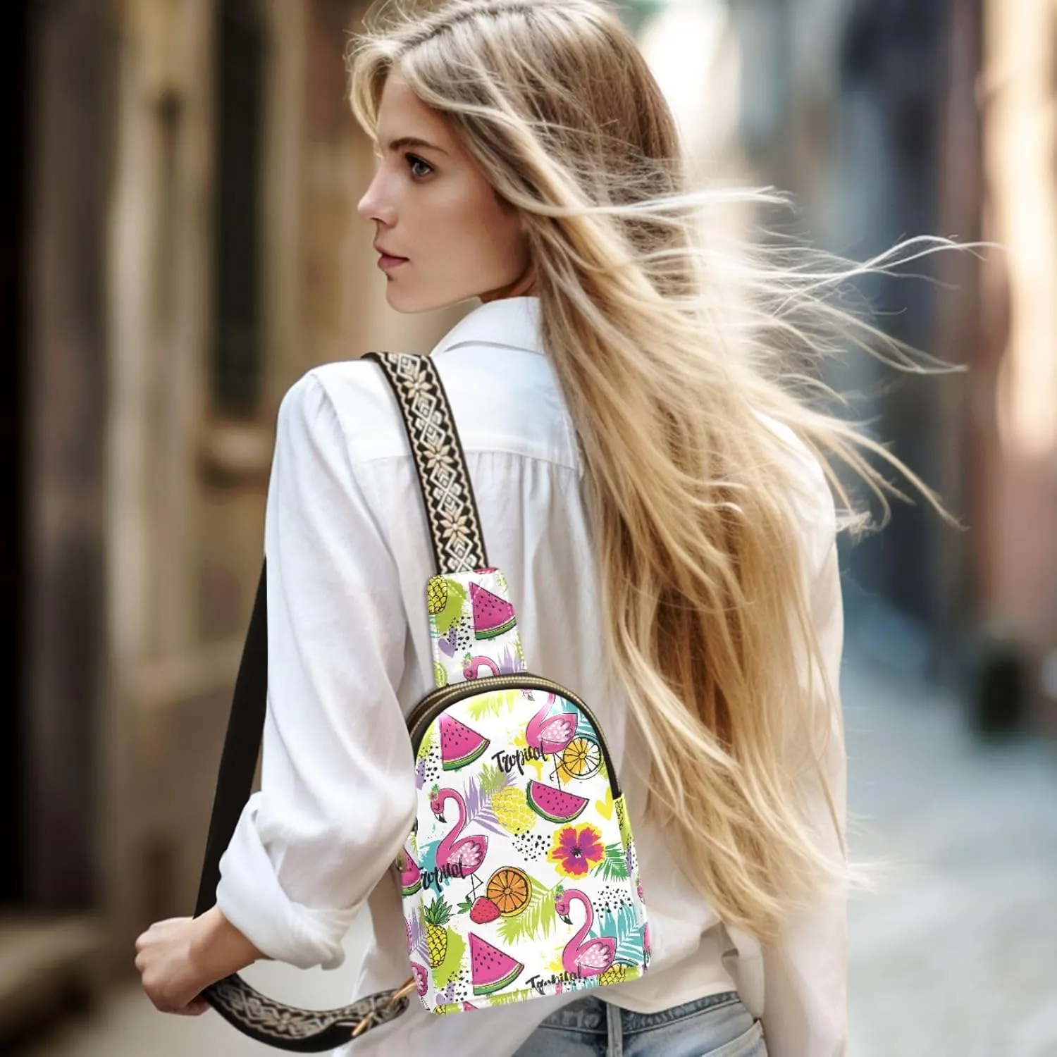 Small Sling Bag for Women Tropics Flamingo Fruits Leather Fanny Pack Crossbody Bag Summer Flower Leaves Chest Bag Trendy Fashion Waist Packs for Outdoor Travel Sports Hiking