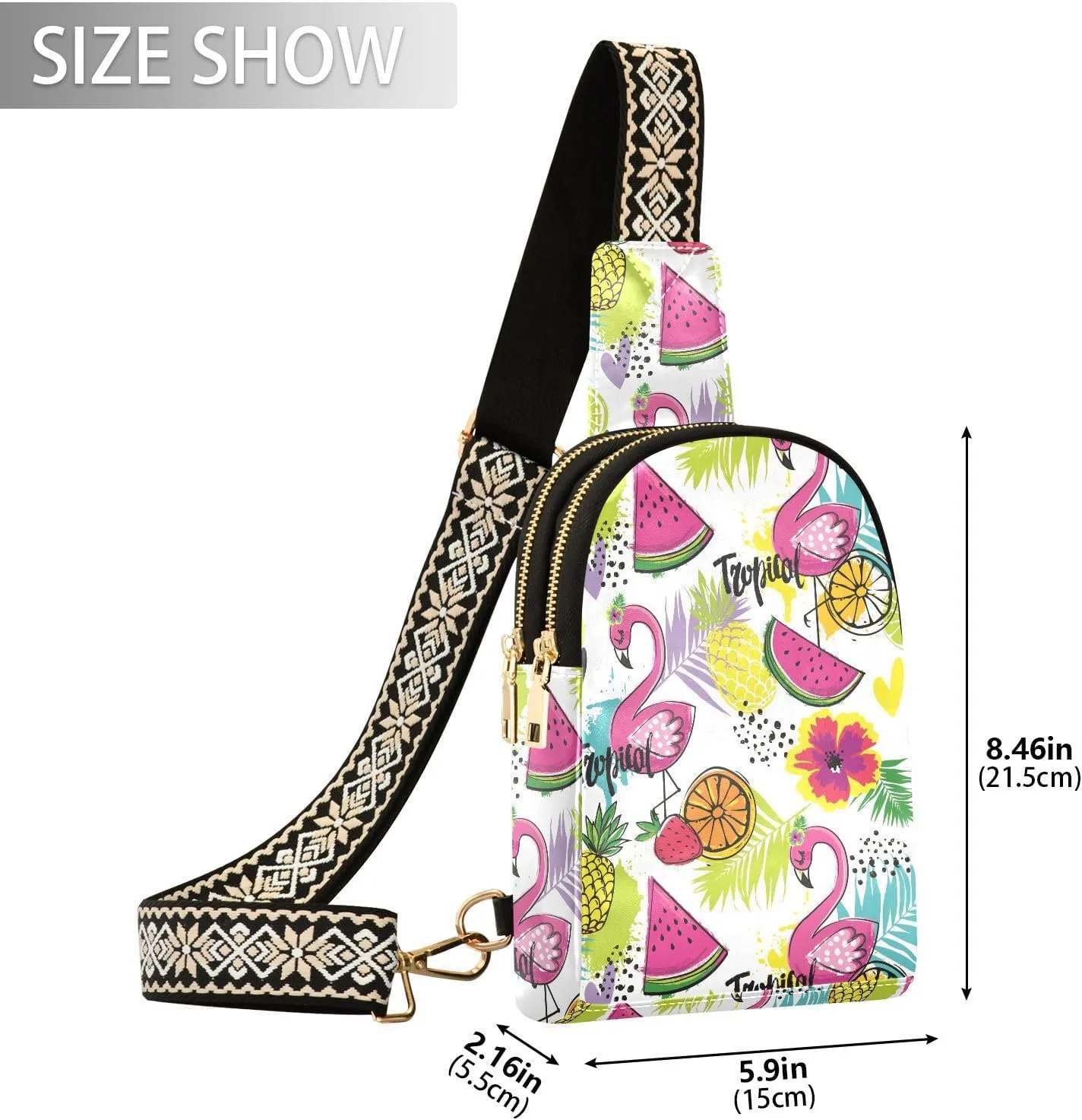 Small Sling Bag for Women Tropics Flamingo Fruits Leather Fanny Pack Crossbody Bag Summer Flower Leaves Chest Bag Trendy Fashion Waist Packs for Outdoor Travel Sports Hiking