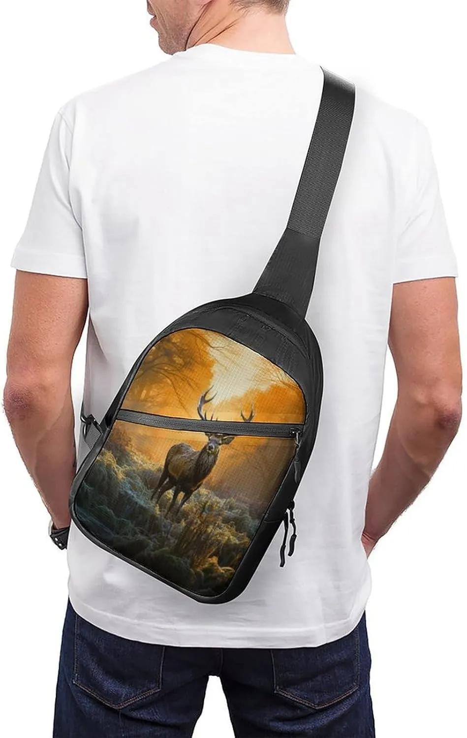 Small Sling Chest Bag Crossbody Bag for Men Women,Deer In Forest Lightweight Gym Daypack for Travel Cycling Hiking