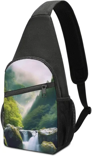 Small Sling Chest Bag Crossbody Bag for Men Women,Misty Mountains Forest Lightweight Gym Daypack for Travel Cycling Hiking