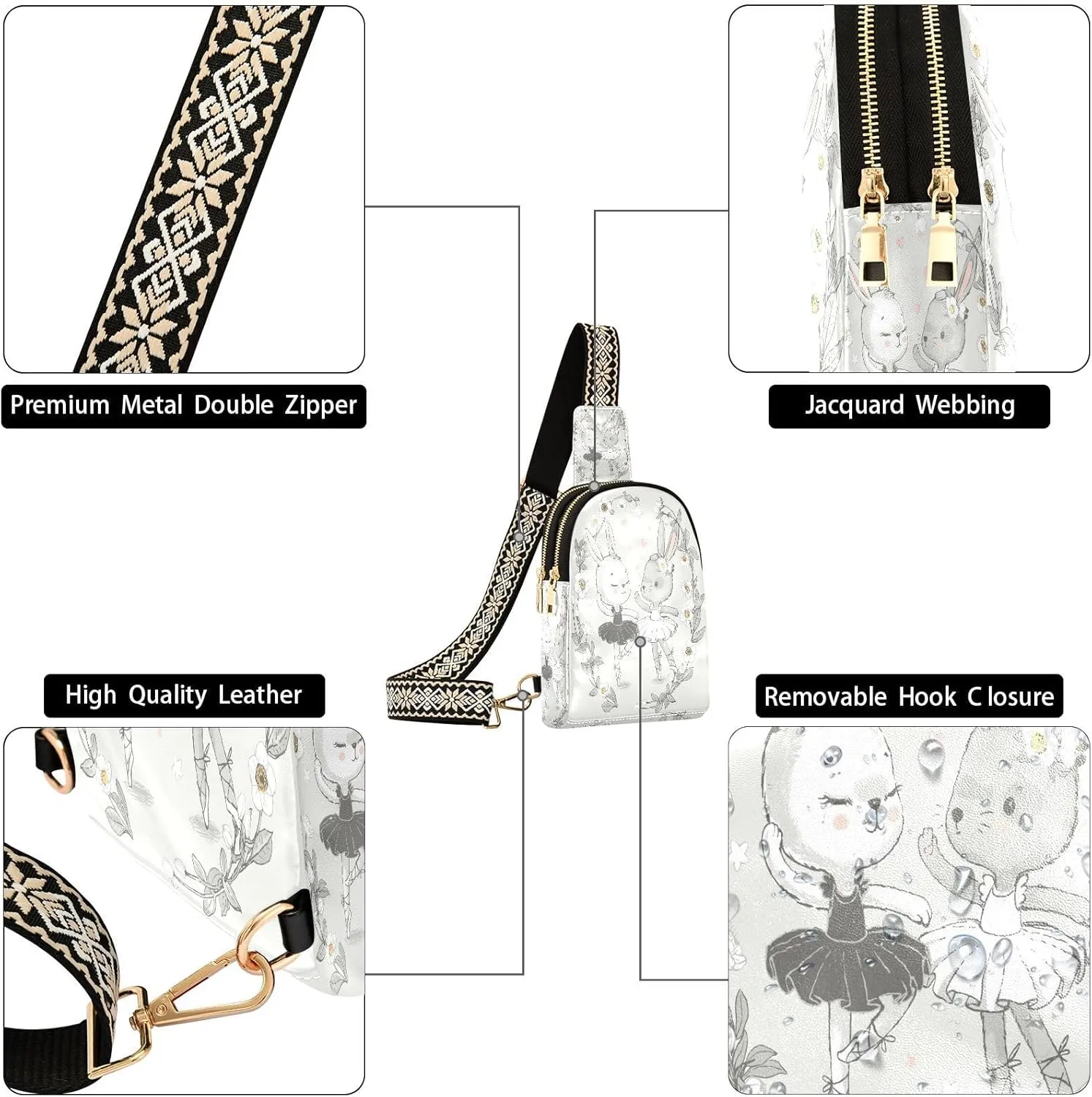 Small Sling Crossbody Bag for Women - Ballerina Bunny Cute Trendy Fanny Pack With Guitar Strap - Cartoon Rabbit Leather Chest Bag for Travel Outdoor Outfit