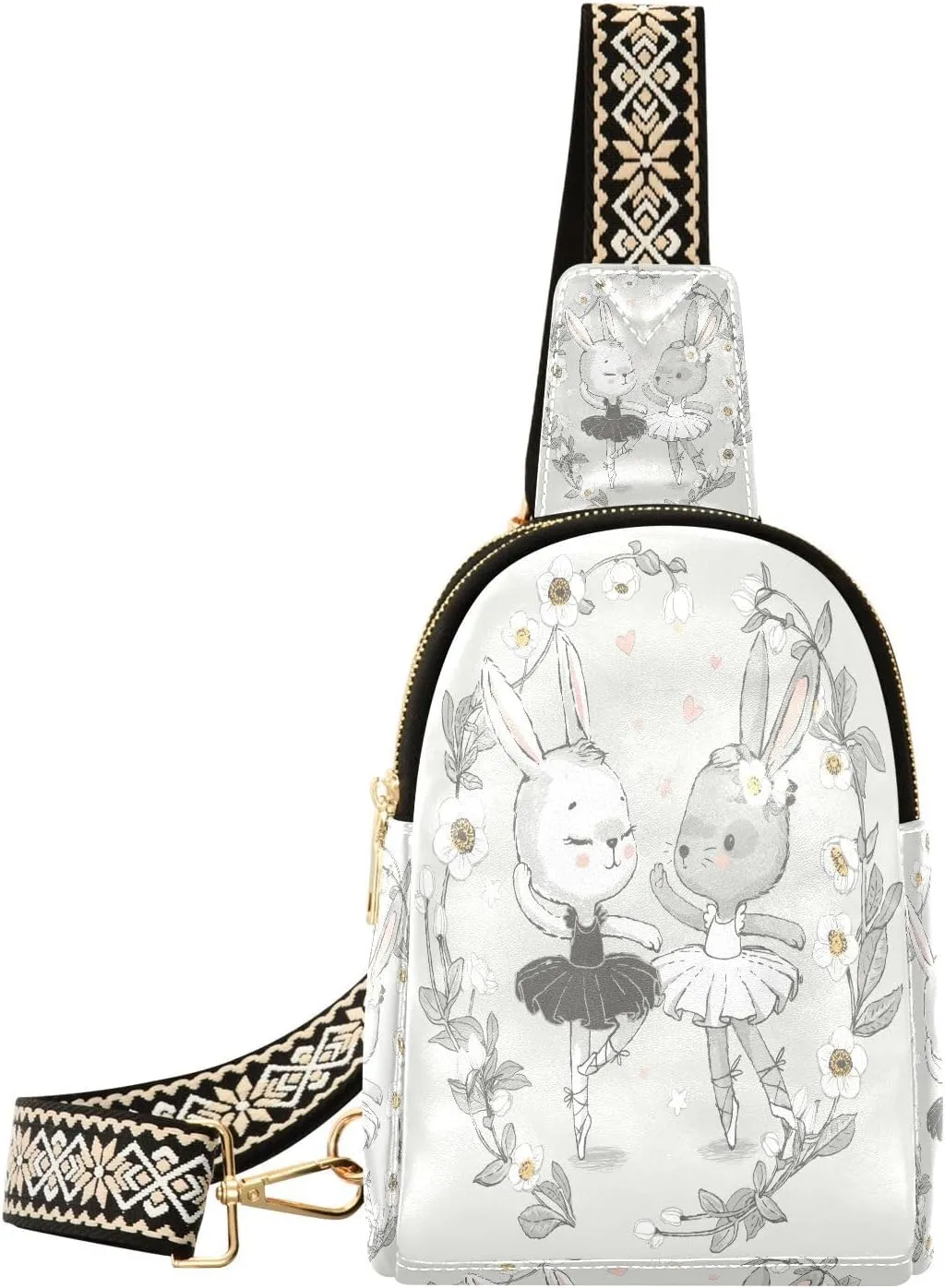 Small Sling Crossbody Bag for Women - Ballerina Bunny Cute Trendy Fanny Pack With Guitar Strap - Cartoon Rabbit Leather Chest Bag for Travel Outdoor Outfit