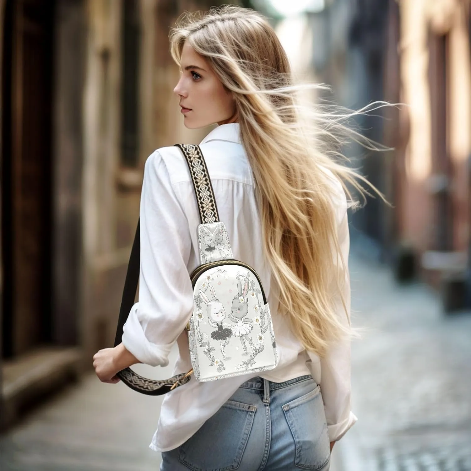 Small Sling Crossbody Bag for Women - Ballerina Bunny Cute Trendy Fanny Pack With Guitar Strap - Cartoon Rabbit Leather Chest Bag for Travel Outdoor Outfit