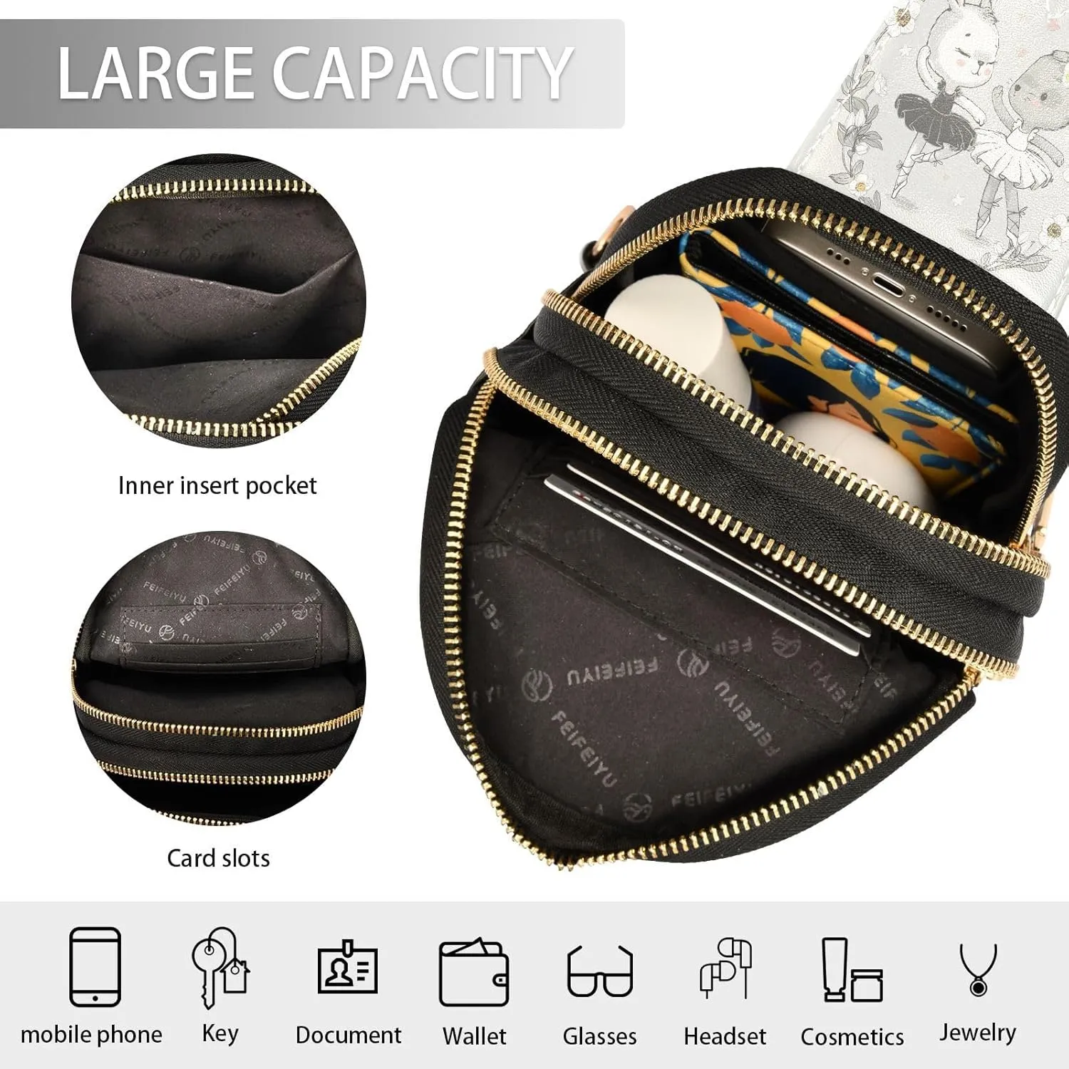 Small Sling Crossbody Bag for Women - Ballerina Bunny Cute Trendy Fanny Pack With Guitar Strap - Cartoon Rabbit Leather Chest Bag for Travel Outdoor Outfit