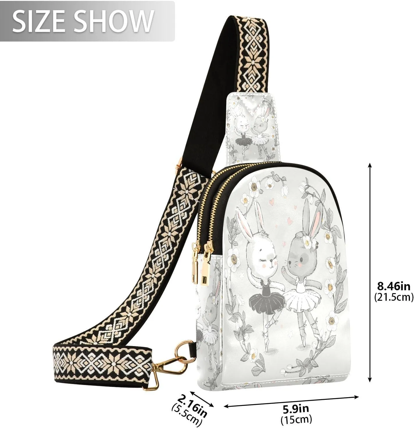 Small Sling Crossbody Bag for Women - Ballerina Bunny Cute Trendy Fanny Pack With Guitar Strap - Cartoon Rabbit Leather Chest Bag for Travel Outdoor Outfit