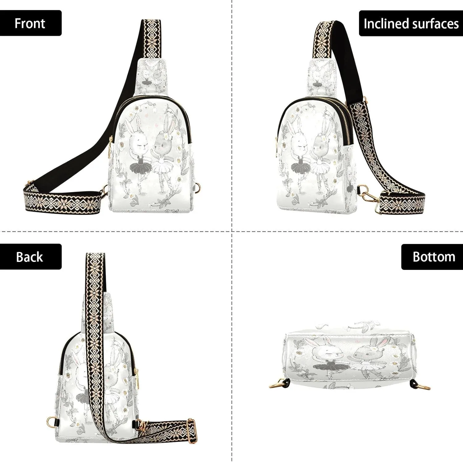 Small Sling Crossbody Bag for Women - Ballerina Bunny Cute Trendy Fanny Pack With Guitar Strap - Cartoon Rabbit Leather Chest Bag for Travel Outdoor Outfit