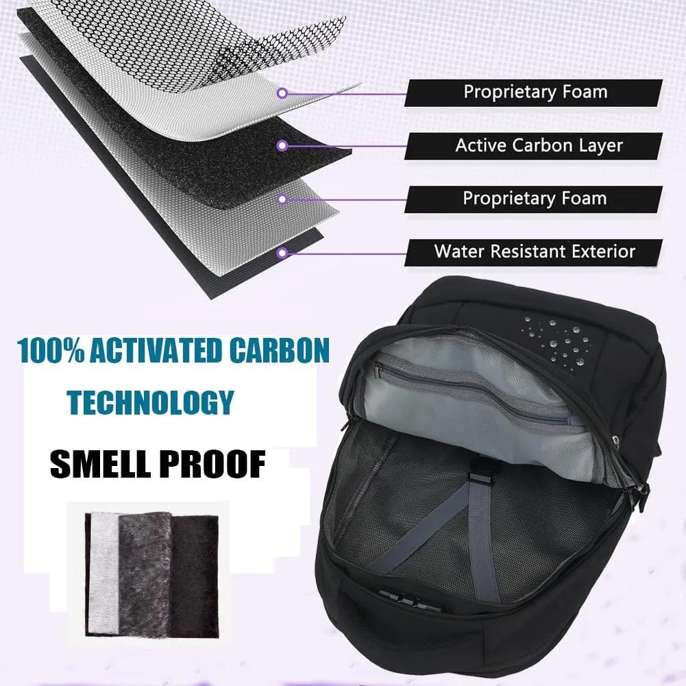 Smell Proof Backpack with Lock,Water Resistant Smell Proof Bags Travel Laptop Backpack,Large Capacity Carbon Enduring Smell Proof Stash Bag with Lock for Men Women (Black)